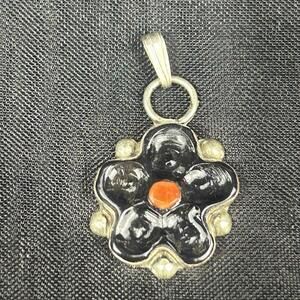 Tamara Pinto Pendant Style Zuni Black Orange Enamel Silver Tone Flower, signed